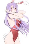  1girl absurdres animal_ears bare_shoulders blush breasts bunny_day closed_mouth commentary_request cowboy_shot hair_between_eyes highres leotard light_purple_hair long_hair looking_at_viewer medium_breasts rabbit_ears rabbit_tail red_eyes red_leotard reisen_udongein_inaba simple_background solo standing tail touhou very_long_hair white_background yukina_(masyumaro610) 