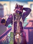  absurd_res anthro anxiouslynx anxy balcony beverage body_hair bulge clothed clothing coat coffee collar container cup digital_media_(artwork) druid fantasy felid feline fur hair happy_trail harness hi_res jockstrap looking_at_viewer lynx magic_user male mammal muscular outside plant sky solo topwear tribal_spellcaster underwear vines 
