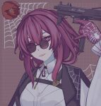  1girl black_jacket evil_smile flower gloves gun highres holding holding_gun holding_weapon honkai:_star_rail honkai_(series) jacket kafka_(honkai:_star_rail) looking_at_viewer purple-tinted_eyewear purple_eyes purple_gloves purple_hair red_flower round_eyewear shirt smile solo spider_web_print sunglasses tinted_eyewear weapon white_shirt yoheit 