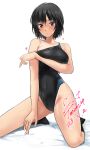  1girl amagami black_hair black_one-piece_swimsuit black_socks bob_cut brown_eyes clothes_pull competition_swimsuit dated heart highleg highleg_swimsuit highres kneehighs kneeling looking_at_viewer nanasaki_ai one-piece_swimsuit one-piece_swimsuit_pull one-piece_tan pulled_by_self revision short_hair signature simple_background socks solo strap_pull swimsuit tan tanlines two-tone_swimsuit white_background yoo_tenchi 