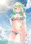  1girl animal_print antlers bikini blue_sky blush breasts ceres_fauna cleavage cloud cow_print flower green_hair hair_flower hair_ornament hair_over_breasts hair_over_one_breast hair_over_one_eye highres hololive hololive_english kishimaharuno large_breasts leaf long_hair looking_at_viewer navel open_mouth sky smile sun swimsuit virtual_youtuber water yellow_eyes 