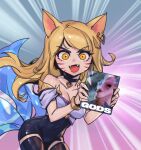  1girl ahri_(league_of_legends) animal_ears blonde_hair breasts brown_eyes cleavage earrings fangs fox_ears fox_tail jewelry k/da_(league_of_legends) k/da_ahri league_of_legends long_hair looking_at_viewer multiple_tails necklace official_alternate_costume official_alternate_hairstyle open_mouth phantom_ix_row solo standing tail thighs 