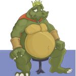  2011 anthro belly big_belly canson cape chubby_anthro chubby_male claws clothing crocodilian crown cuff_(restraint) donkey_kong_(series) fangs furniture half-closed_eyes headgear king_k._rool kremling male mostly_nude mouth_closed narrowed_eyes navel nintendo nipples outie_navel overweight overweight_anthro overweight_male reptile restraints sad sad_eyes scales scalie shackles sitting sitting_on_stool slightly_chubby solo spread_legs spreading stool teeth toe_claws 