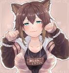  1girl animal_ear_fluff animal_ears blue_eyes breasts brown_hair brown_jacket cat_ears cat_girl clenched_hands fish_hair_ornament fumino_tamaki fumino_tamaki_(1st_costume) fumizuki_miharu hair_ornament hood hooded_jacket jacket large_breasts long_sleeves medium_hair nijisanji open_clothes open_jacket smile solo virtual_youtuber 