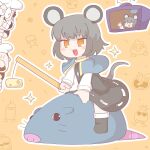  1girl 2boys animal_ears black_footwear blue_capelet capelet cheese chef_hat chibi commentary english_commentary facial_hair food full_body grey_hair grey_skirt grey_vest hat highres holding looking_at_another mouse_ears mouse_girl mouse_tail multiple_boys mustache nazrin open_mouth orange_eyes short_hair sitting_on_animal skirt socks tail teeth touhou v-shaped_eyebrows vest white_socks zenerat 