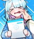  &gt;_&lt; 1girl 1other anger_vein aqua_hair arona_(blue_archive) blue_archive blush braid cheek_pinching closed_eyes envelope epeulu_(ate5424) facing_viewer flying_sweatdrops highres holding holding_envelope korean_commentary long_sleeves multicolored_hair open_mouth pinching pink_hair pleated_skirt sailor_collar school_uniform serafuku short_hair side_braid simple_background skirt solo_focus tears upper_body white_sailor_collar white_skirt 