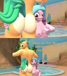  2_panel_comic 3d_(artwork) animal_genitalia animal_penis anthro breasts butt butt_focus cutie_mark dialogue digital_media_(artwork) duo earth_pony english_text equid equine equine_genitalia equine_penis female genitals hasbro hi_res hitch_trailblazer_(mlp) horn horse izzy_moonbow_(mlp) male male/female mammal mlp_g5 my_little_pony nipples nude papadragon69 penis pony poolside source_filmmaker text unicorn 