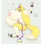  &lt;3 2021 absurd_res anthro areola bandai_namco big_breasts biped black_sclera bodily_fluids breasts collar digimon digimon_(species) female genitals hi_res huge_breasts hyper hyper_breasts lactating leash luaky milk nipples nude purple_collar purple_leash pussy renamon solo spread_legs spreading wobble year 