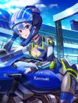  1girl alternate_costume ascot biker_clothes bikesuit blue_ascot blue_choker blue_eyes blue_hair blue_nails blue_sky bodysuit breasts choker cleavage cloud day estrella_(uypu4574) gloves helmet highres hololive hoshimachi_suisei kawasaki motor_vehicle motorcycle outdoors parted_lips partially_fingerless_gloves sky small_breasts solo stadium star_(symbol) star_in_eye symbol_in_eye tongue tongue_out virtual_youtuber 