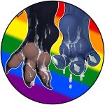  3_toes anthro avian bodily_fluids claws corrsk cum cum_on_feet digital_media_(artwork) dragon duo feet foot_focus genital_fluids hi_res lgbt_pride male paws plantigrade pride_colors rainbow_pride_colors simple_background soles toe_claws toes 