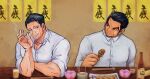  2boys bara black_eyes black_hair cigarette collaboration dark-skinned_male dark_skin facial_hair food_request goatee_stubble golden_kamuy head_tilt kikuta_mokutaro large_pectorals long_sleeves looking_at_another male_focus mature_male mozi_mozi555 multiple_boys muscular muscular_male mustache_stubble pectoral_cleavage pectorals restaurant rikimatsu_ariko scar scar_on_face scar_on_forehead short_hair sideburns sleeves_rolled_up smile smirk stubble thick_eyebrows ucho_coo upper_body 