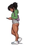  1girl ankle_socks ass backpack bag black-framed_eyewear borrowed_character breasts commentary commentary_request cutoffs dark-skinned_female dark_skin ester_figueroa from_side full_body glasses green_hoodie grey_shorts highres holding holding_phone hood hood_down hoodie kneepits knees long_hair looking_at_phone mrpotatoparty original petite phone ponytail shoes shorts small_breasts sneakers socks solo thick_eyebrows thick_thighs thighs underbutt walking white_background white_socks 