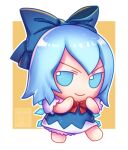  1girl blue_bow blue_dress blue_eyes blue_hair bow chibi cirno commentary dress english_commentary fumo_(doll) hair_bow highres ice ice_wings outline skullchimes solo touhou v-shaped_eyebrows watermark wings 
