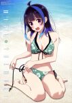  1girl absurdres ahoge bare_shoulders barefoot beach bikini bikini_bottom_only black_hair blue_hair blush breasts cleavage cloud collarbone day fang feet floral_print front-tie_top green_bikini highres kanojo_okarishimasu long_hair looking_at_viewer magazine_scan medium_breasts multicolored_hair navel ocean official_art open_mouth outdoors purple_eyes sand scan side-tie_bikini_bottom sitting sky smile solo streaked_hair swimsuit thighs untied_bikini untied_bikini_bottom wariza water yaemori_mini 