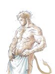  1boy abs animal_ears ass bara beard body_fur brown_hair chest_tuft covering drying facial_hair from_side ggang19998 goatee hairy holding large_pectorals lion_ears lion_tail looking_down male_focus male_pubic_hair mature_male muscular muscular_male navel navel_hair nipples nude_cover original pectorals pubic_hair scar scar_on_arm scar_on_leg short_hair sideburns solo stomach strongman_waist tail topless_male white_background 