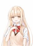  1girl blonde_hair bow bowtie brown_sweater_vest hand_on_own_chest highres long_hair looking_at_viewer open_mouth otonari_no_tenshi-sama_ni_itsu_no_mani_ka_dame_ningen_ni_sarete_ita_ken red_bow red_bowtie red_ribbon ribbon ribbon_trim school_uniform shiina_mahiru_(otonari_no_tenshi-sama) smile sweater_vest take20131004 very_long_hair white_background yellow_eyes 