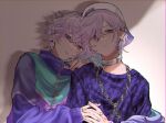  2boys aqua_hair brothers choker cozmez_(paradox_live) highres holding_hands leaning_on_person looking_at_viewer medium_hair multicolored_hair multiple_boys noname-studio paradox_live phantometal_(paradox_live) purple_eyes purple_hair short_hair siblings twins white_choker yatonokami_kanata yatonokami_nayuta 