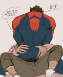  2boys ass back bara black_hair blue_bodysuit bodysuit brown_pants english_text highres keemznsfw male_focus marvel miguel_o&#039;hara multiple_boys muscular muscular_male pants peter_b_parker red_bodysuit short_hair sitting sitting_on_person spider-man:_across_the_spider-verse spider-man_(2099) spider-man_(series) twitter_username two-tone_bodysuit yaoi 