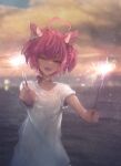  1girl absurdres ahoge choker cloud cloudy_sky demon_girl demon_horns fireworks hair_ornament heart heart_ahoge heart_hair_ornament highres holding holding_fireworks horns ironmouse looking_at_viewer multicolored_hair one_eye_closed open_mouth pink_choker pink_hair purple_eyes purple_hair shirt short_hair sky smile streaked_hair taku_artworks virtual_youtuber vshojo white_shirt 