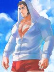  1boy bara black_hair chest_hair closed_mouth cloud day facial_hair golden_kamuy hood hood_up hooded_jacket jacket large_pectorals long_sideburns male_focus male_underwear muscular muscular_male nopinzo outdoors pectorals red_male_underwear short_hair sideburns sky smile solo tanigaki_genjirou twitter_username underwear white_jacket 