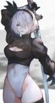  1girl absurdres artist_name blue_eyes breasts cleavage cleavage_cutout closed_mouth clothing_cutout commentary feather_trim gloves hair_ornament hairband highleg highleg_leotard highres holding holding_weapon leotard lips long_sleeves looking_at_viewer medium_breasts mole mole_under_mouth nier:automata nier_(series) puffy_sleeves short_hair signature simple_background sword thighhighs thighs turtleneck weapon white_hair yct_(yoct_o) yorha_no._2_type_b 