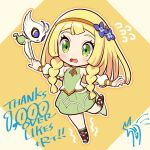  1girl bare_shoulders blonde_hair blush braid celebi chibi cosplay detached_sleeves eyelashes flower flying_sweatdrops green_eyes hair_flower hair_ornament highres kinocopro leg_up lillie_(pokemon) long_hair looking_down lyra_(pokemon) lyra_(pokemon)_(cosplay) lyra_(sygna_suit)_(pokemon) milestone_celebration open_mouth outline outstretched_arms pokemon pokemon_(creature) pokemon_(game) pokemon_masters_ex pokemon_sm sleeveless standing standing_on_one_leg thank_you twin_braids 