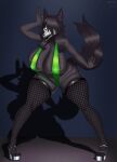  absurd_res anthro big_breasts bikini black_body black_hair breasts canid canine clothing female fishnet fishnet_legwear footwear hair hair_over_eye hi_res high_heels huge_breasts legwear looking_at_viewer malo mammal monster nipple_outline one_eye_obstructed revifrry scp-1471 scp-1471-a scp_foundation sling_bikini solo swimwear thick_thighs white_eyes 