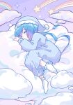  1girl alternate_costume aoki_lapis blue_hair blue_nightgown closed_eyes commentary empire_waist full_body fur-trimmed_headwear fur_trim gradient_hair hat highres long_hair long_sleeves low_twintails lying lying_on_cloud multicolored_hair nightcap nightgown on_side parted_lips pom_pom_(clothes) purple_background rainbow shooting_star_(symbol) sleeping socks solo sparkle suzumecha_(yuzensuzu) twintails very_long_hair vocaloid white_socks 