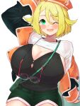  1girl ;d absurdres aged_up arm_support arm_up bag bianca_(pokemon) black_jacket black_tank_top blonde_hair blush breasts cleavage commentary_request cowboy_shot eyewear_strap glasses green_bag green_eyes green_shorts hair_between_eyes hat highres hizakake huge_breasts jacket long_sleeves looking_at_viewer multicolored_clothes multicolored_jacket off_shoulder one_eye_closed open_clothes open_jacket open_mouth orange_jacket pokemon pokemon_bw2 shadow shirt short_hair short_shorts shorts shrug_(clothing) sidelocks simple_background sitting smile solo tank_top two-tone_jacket unworn_eyewear white_background white_shirt 
