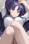  1girl absurdres arms_up blue_archive blush breasts collared_shirt commentary highres long_hair looking_at_viewer lying on_back on_bed ori_(0rizuru) parted_bangs parted_lips partially_unbuttoned purple_eyes purple_hair shirt short_sleeves solo sweat two_side_up white_shirt yuuka_(blue_archive) 