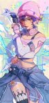  blue_hair blue_jacket bra_strap clothes_around_waist crop_top headphones headphones_around_neck highres holding_kunai holding_ofuda jacket jacket_around_waist keychain kiriko_(overwatch) kunai le_sserafim ofuda orange_eyes overwatch overwatch_2 pink_headwear shirt weapon westwheat white_shirt 