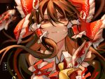  1girl artist_name ascot bow brown_hair bubble detached_sleeves fish floating_hair frilled_bow frilled_hair_tubes frills hair_between_eyes hair_bow hair_tubes hakurei_reimu highres koi long_hair looking_at_viewer pangbailaila parted_lips portrait red_bow red_eyes red_ribbon red_vest ribbon sidelocks solo touhou vest white_sleeves yellow_ascot 