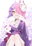  1girl ahoge black_ribbon braid earrings hair_ornament hair_over_one_eye hairclip halterneck highres holding holding_stuffed_toy honkai_(series) honkai_impact_3rd japanese_clothes jewelry kimono looking_at_viewer mask mask_on_head multicolored_hair neck_ribbon pink_hair purple_hair purple_kimono ribbon sharp_teeth short_twintails sin_mal sin_mal0909 sitting stuffed_animal stuffed_rabbit stuffed_toy teeth twin_braids twintails two-tone_hair wide_sleeves yellow_eyes yukata 