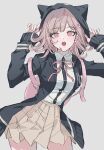  1girl :o animal_ears backpack bag black_shirt breasts danganronpa_(series) danganronpa_2:_goodbye_despair fake_animal_ears flipped_hair galaga hair_ornament hands_up highres hood hood_up jacket long_sleeves looking_at_viewer medium_hair miniskirt nanami_chiaki neck_ribbon open_clothes open_jacket pink_bag pink_eyes pleated_skirt ribbon shirt skirt solo teeth ttegi_(ddeck_dg) two-tone_shirt upper_teeth_only white_shirt 