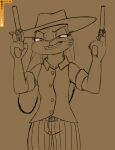  anthro brown_background disney female grin gun handgun judy_hopps lagomorph leporid mammal rabbit ranged_weapon revolver scar simple_background smile solo spoof_(artist) weapon wild_west zistopia zootopia 