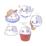  &gt;_&lt; 1other 7mb_yut :3 =_= blush broom brown_headwear character_name cleaning closed_mouth commentary_request flower_pot hat holding holding_broom honkai:_star_rail honkai_(series) hot melting open_mouth plant purple_eyes simple_background sweat v-shaped_eyebrows white_background wubbaboo_(honkai:_star_rail) 