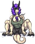  absurd_res anthro big_teeth chest_tuft female hi_res horn jvile mez_(character) scalie sitting solo tuft 
