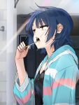  1girl black_shirt blue_hair blue_jacket blurry blurry_background bocchi_the_rock! brushing_teeth commentary_request dress_shirt flag_print funi_mu9 highres hood hooded_jacket indoors jacket medium_hair mole mole_under_eye multicolored_clothes multicolored_jacket open_clothes open_jacket open_mouth shirt sidelocks solo sunlight transgender_flag transgender_flag_print upper_body yamada_ryo yellow_eyes 