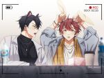  2boys absurdres animal_ears bishounen black_hair blush bottle cat_ear_hairband chain_necklace cup disposable_cup ear_piercing given highres jewelry male_focus mi_muuuu multiple_boys necklace open_clothes open_mouth piercing rabbit_ears red_eyes red_hair satou_mafuyu uenoyama_ritsuka viewfinder water_bottle 