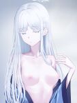  1girl absurdres aoi_riko blue_archive colored_eyelashes grey_eyes highres long_hair looking_at_viewer nagusa_(blue_archive) nipples parted_lips solo white_hair 