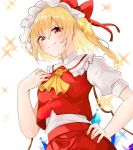  1girl blonde_hair bow flandre_scarlet from_below hand_on_hip highres jacket koroyarou neckerchief red_bow red_eyes red_jacket red_skirt shirt skirt sleeves_rolled_up smile solo sparkle_background touhou white_background white_headwear white_shirt yellow_neckerchief 