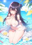  1girl apple_caramel bikini black_hair blue_sky blurry blush breasts cleavage cloud collarbone day depth_of_field flower frilled_bikini frills hair_between_eyes hair_bun hair_flower hair_ornament highres large_breasts leaf long_hair looking_at_viewer mouth_hold navel ocean original outdoors petals purple_eyes red_ribbon ribbon seductive_smile sidelocks signature sky smile solo swimsuit white_bikini 