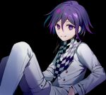  1boy black_background buttons checkered_clothes checkered_scarf danganronpa_(series) danganronpa_v3:_killing_harmony double-breasted grey_jacket grey_pants grin highres huyuharu0214 jacket knees_up male_focus oma_kokichi pants purple_eyes purple_hair scarf short_hair signature simple_background sitting smile teeth 