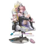  1girl animal_ears arknights asymmetrical_legwear bag black_jacket black_socks blue_hair blue_necktie blue_skirt braid bubble chair character_doll character_name character_rug chewing_gum chinese_text collarbone controller crocs detached_collar drill_hair duck_lord_(arknights) eureka full_body game_controller gaming_chair gopnik_(arknights) gradient_hair hair_horns hamster hamster_ears handbag heart_emoji holding holding_controller holding_game_controller hugging_own_legs jacket kneehighs knees_up looking_at_viewer lungmen_dollar mismatched_legwear multicolored_hair necktie no_shoes official_art pink_hair rug seed shoes shoes_removed single_kneehigh single_sock skirt smile_emoji snack socks sticker striped striped_jacket sunflower_seed swivel_chair translation_request transparent_background twin_braids two-tone_shirt vertical-striped_jacket vertical_stripes white_socks zheshe_jing 