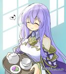  1girl bare_shoulders breasts closed_eyes fire_emblem fire_emblem:_genealogy_of_the_holy_war food holding holding_tray julia_(fire_emblem) long_hair musical_note purple_eyes purple_hair simple_background smile solo spoken_musical_note sweets teapot tray yukia_(firstaid0) 