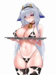  1girl absurdres alternate_costume animal_print azur_lane bell breast_rest breasts breasts_on_tray carried_breast_rest carrying covered_nipples cow_girl cow_horns cow_print cowbell cowboy_shot grey_hair hair_between_eyes highres holding holding_tray horns large_breasts long_hair looking_at_viewer niki_shova purple_eyes simple_background solo thighhighs tosa_(azur_lane) tray very_long_hair white_background 