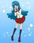  1girl blue_eyes blue_hair blue_socks full_body happinesscharge_precure! highres loafers long_hair long_sleeves official_art open_mouth pikarigaoka_middle_school_uniform pleated_skirt precure precure_connection_puzzlun red_sailor_collar red_skirt sailor_collar school_uniform shirayuki_hime shoes sidelocks skirt smile socks solo third-party_source 