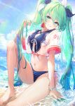  1girl barefoot bikini bikini_under_clothes blush bracelet breasts criss-cross_halter day duplicate ear_piercing green_eyes green_hair grin hair_ribbon halterneck hatsune_miku highres jewelry knee_up long_hair looking_at_viewer medium_breasts navel ocean outdoors piercing pistachiocream pixel-perfect_duplicate ribbon sailor_collar see-through see-through_shirt shirt sitting smile solo striped striped_bikini swimsuit twintails vocaloid wet wet_clothes wet_hair wet_shirt 