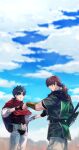  2boys black_cape black_hair black_vest blue_ribbon blue_sky brown_hair cape closed_eyes command_spell facial_hair fate/grand_order fate_(series) fujimaru_ritsuka_(male) gauntlets goatee green_eyes green_tunic grin hector_(fate) highres holding holding_polearm holding_weapon imoda long_hair male_focus multiple_boys pants polearm red_cape ribbon shirt short_hair short_sleeves sky sleeves_past_elbows smile tabard vest weapon white_pants white_shirt 