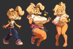  1girl age_progression aged_up ahoge animal_ears animal_nose averting_eyes barefoot belt black_background blonde_hair blue_overalls blue_shorts blush body_fur bracelet breast_expansion breasts brown-framed_eyewear coco_bandicoot collarbone commentary covering covering_breasts crash_bandicoot_(series) denim denim_shorts embarrassed english_commentary english_text eyewear_on_head fang fangs feet flat_chest flowers-imh flying_sweatdrops full_body furry furry_female goggles goggles_on_head green_eyes hands_up happy heart highres huge_ahoge huge_breasts jewelry jumping leaning_forward legs long_hair looking_to_the_side midriff navel nipples open_mouth orange_fur overalls panties pink_footwear pink_panties ponytail raised_eyebrows shirt shoes short_shorts short_sleeves shorts sidelocks simple_background smile sneakers standing striped striped_panties surprised teeth thick_thighs thighs torn_clothes torn_shirt two-tone_fur undersized_clothes underwear white_shirt wide-eyed yellow_fur 